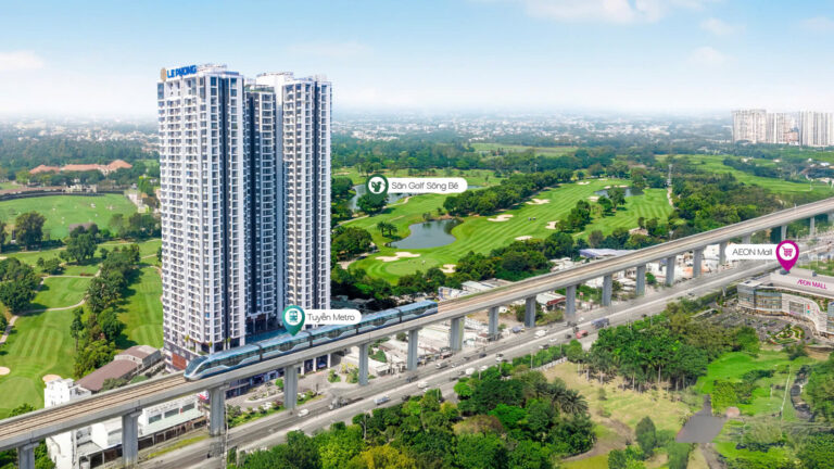 Emerald Golf View nhìn ra sân golf Sông Bé, ảnh minh họa kèm tuyến metro quy hoạch