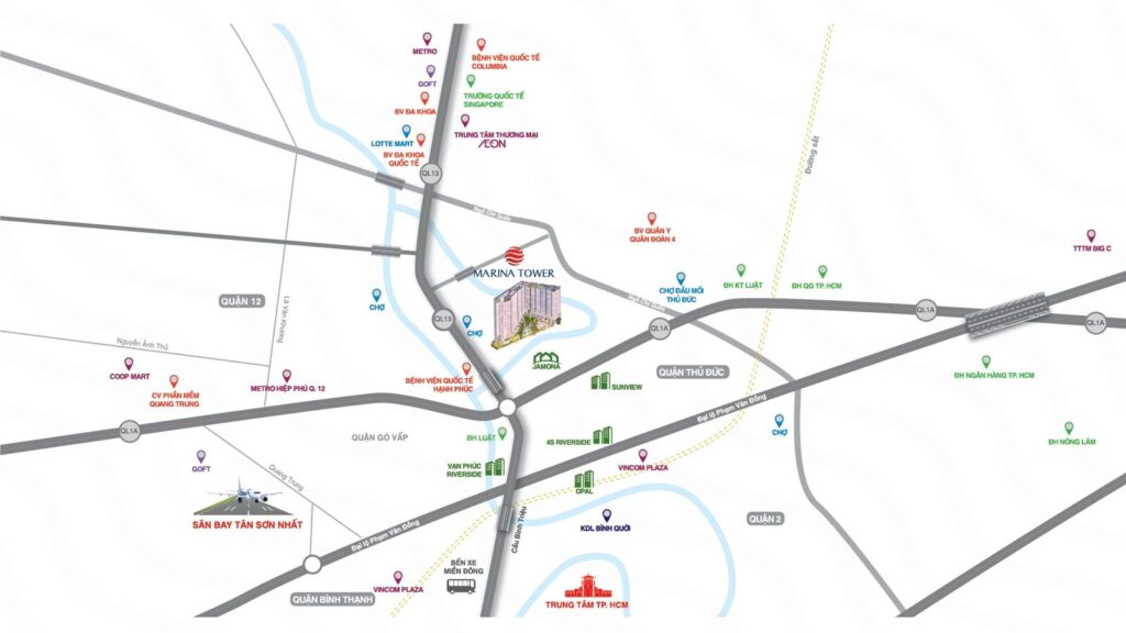 Bản đồ vị trí Marina Tower Vĩnh Phú gần Quốc lộ 13 và ngã tư Bình Phước