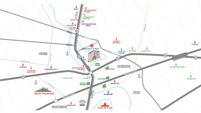 Bản đồ vị trí Marina Tower Vĩnh Phú gần Quốc lộ 13 và ngã tư Bình Phước