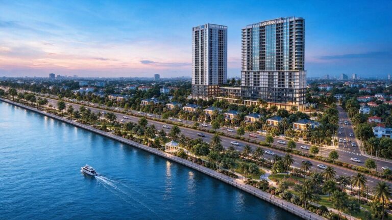 Phối cảnh Serena Riverside nhìn từ sông Sài Gòn với tuyến đường ven sông