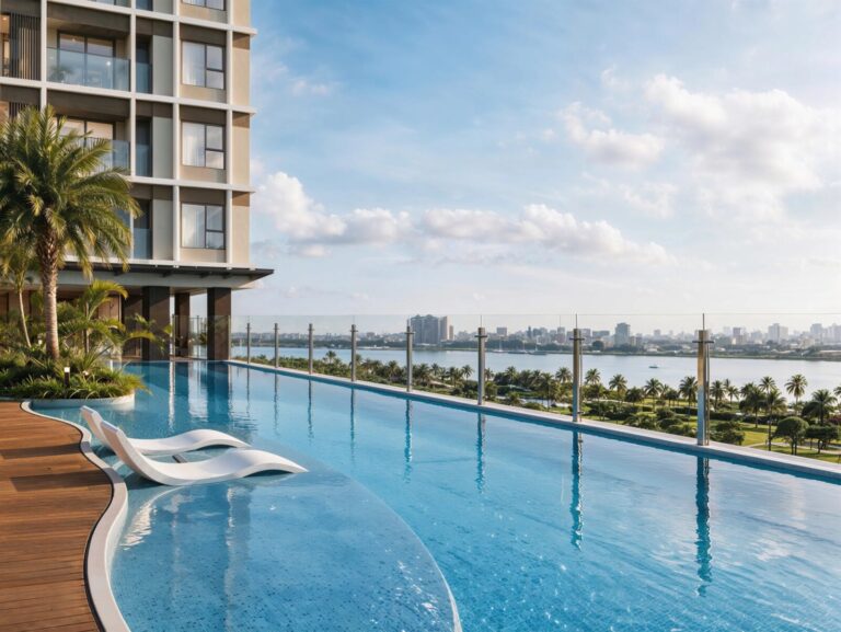 Hồ bơi tràn bờ view sông Sài Gòn tại căn hộ Serena Riverside