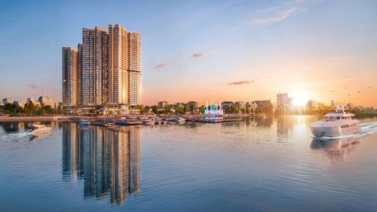 Phối cảnh The Emerald River Park nhìn từ sông Sài Gòn với bến du thuyền