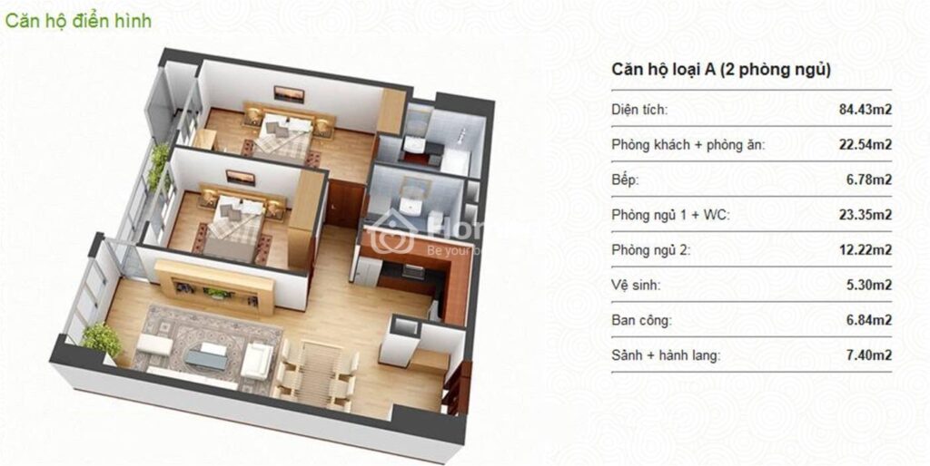 Căn hộ loại A 2 phòng ngủ 84,43 m² tại The Morning Star Plaza Bình Thạnh