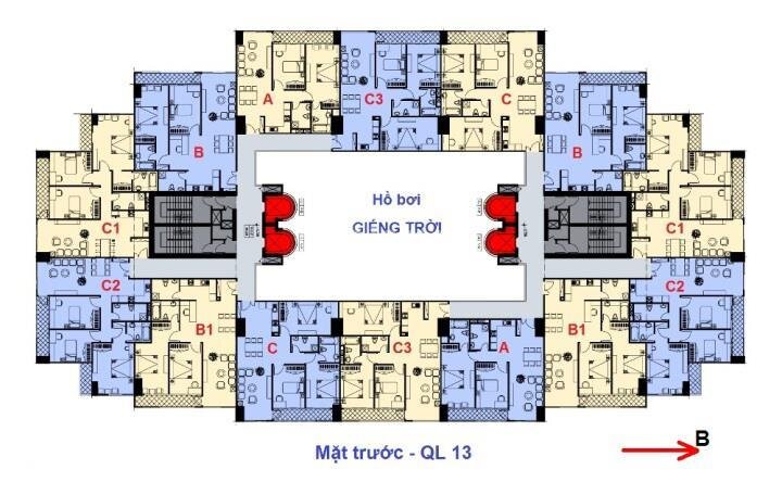Mặt bằng tầng điển hình The Morning Star Plaza với giếng trời và hồ bơi trung tâm