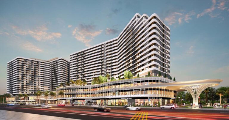 Phối cảnh Diamond Sky Vạn Phúc City – hai tòa căn hộ và khối đế thương mại mặt tiền Quốc lộ 13