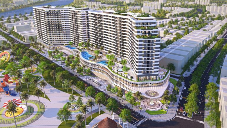 Phối cảnh Diamond Sky Vạn Phúc City nhìn từ trên cao với hồ bơi khối đế
