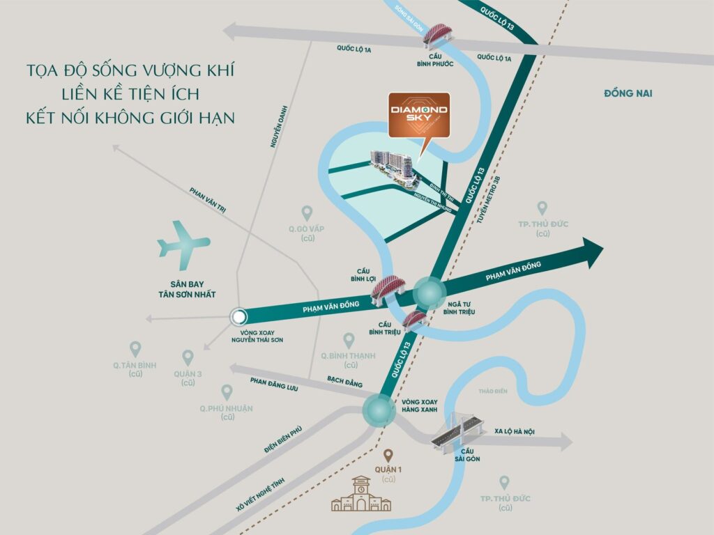 Bản đồ vị trí Diamond Sky Vạn Phúc City bên Quốc lộ 13 và sông Sài Gòn